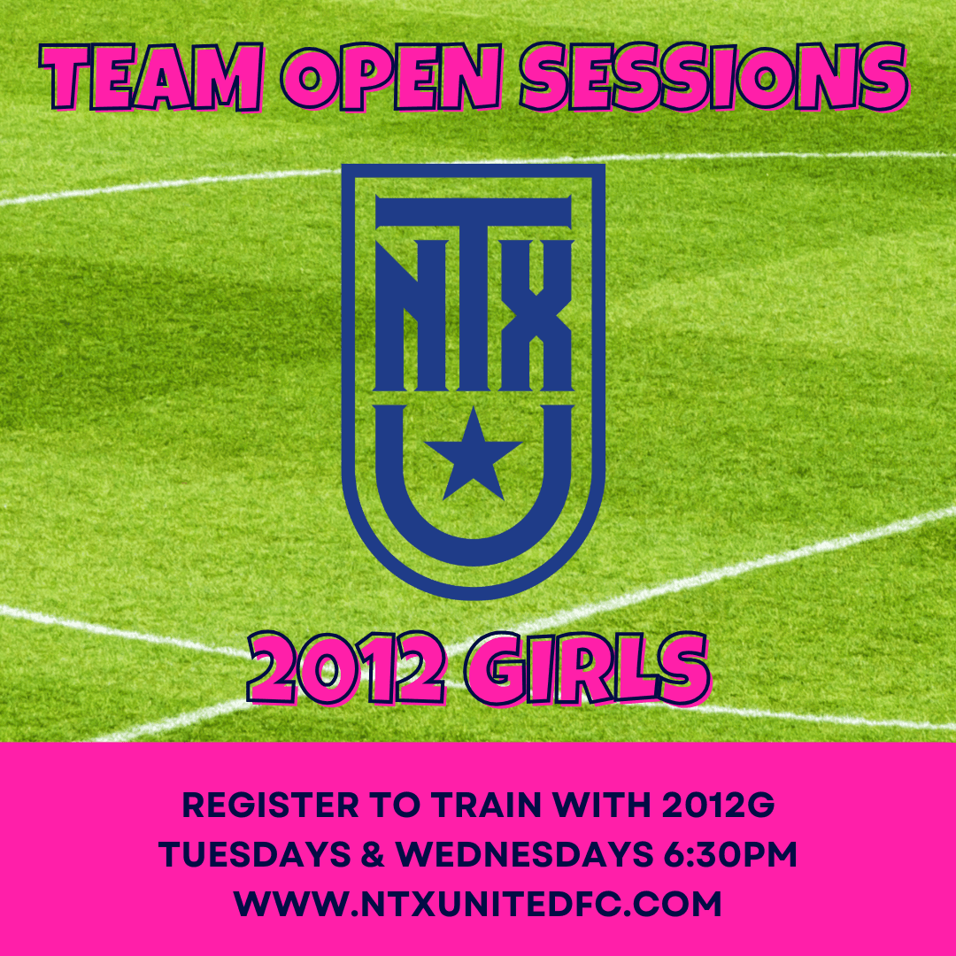 Soccer field graphic promoting team open sessions for 2012 girls with registration details.