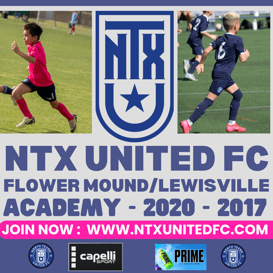 NTX United FC soccer academy promotional image with young players and logo.