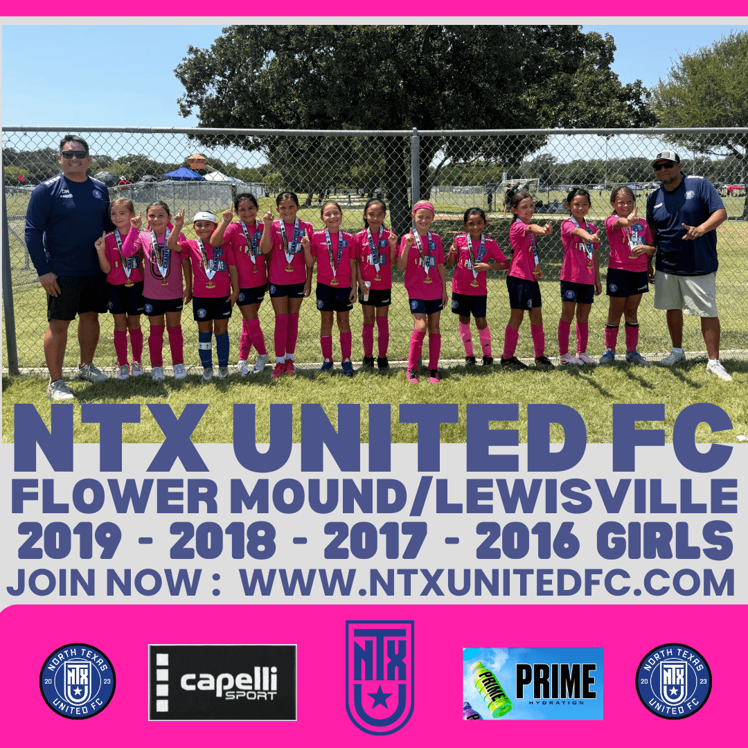 Youth girls soccer team in pink uniforms standing with coaches, NTX United FC banner.