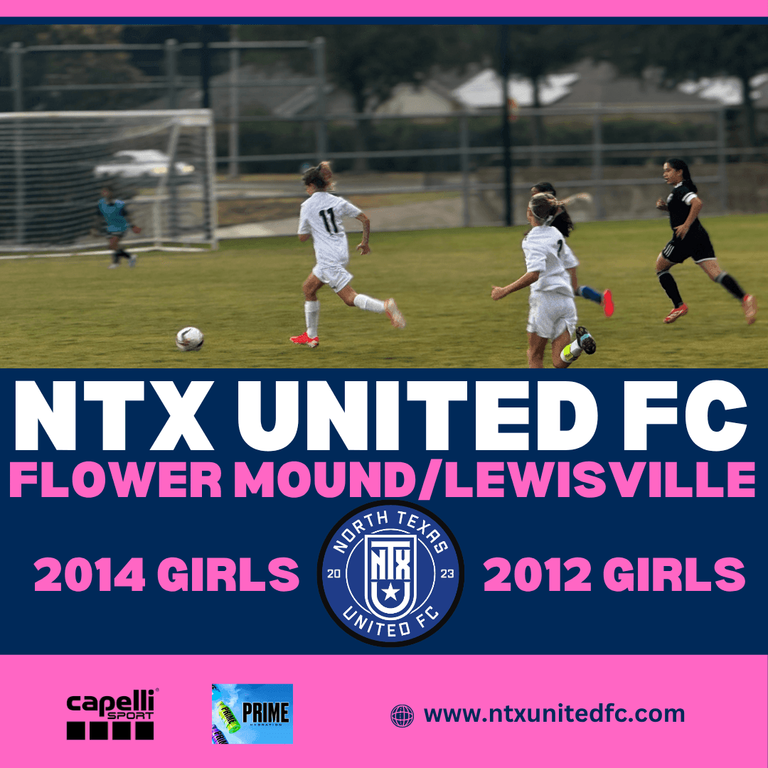 NTX United FC graphic with soccer players on field and team details.