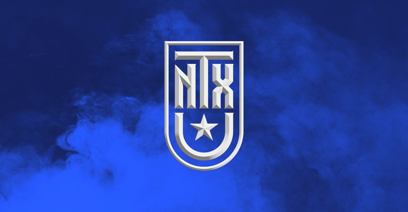 Silver emblem with star on smoky blue background.